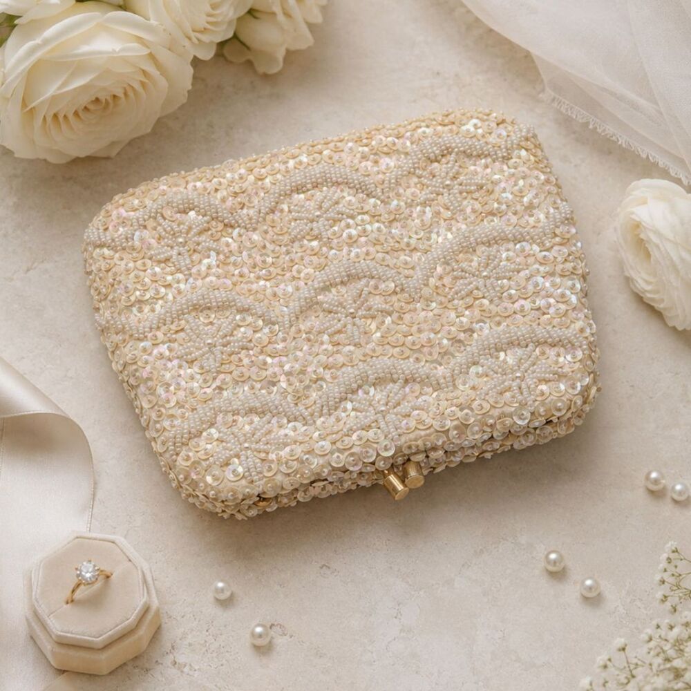 Vintage 60s Bridal Clutch Ivory Beaded Sequin Evening Purse British Hong Kong